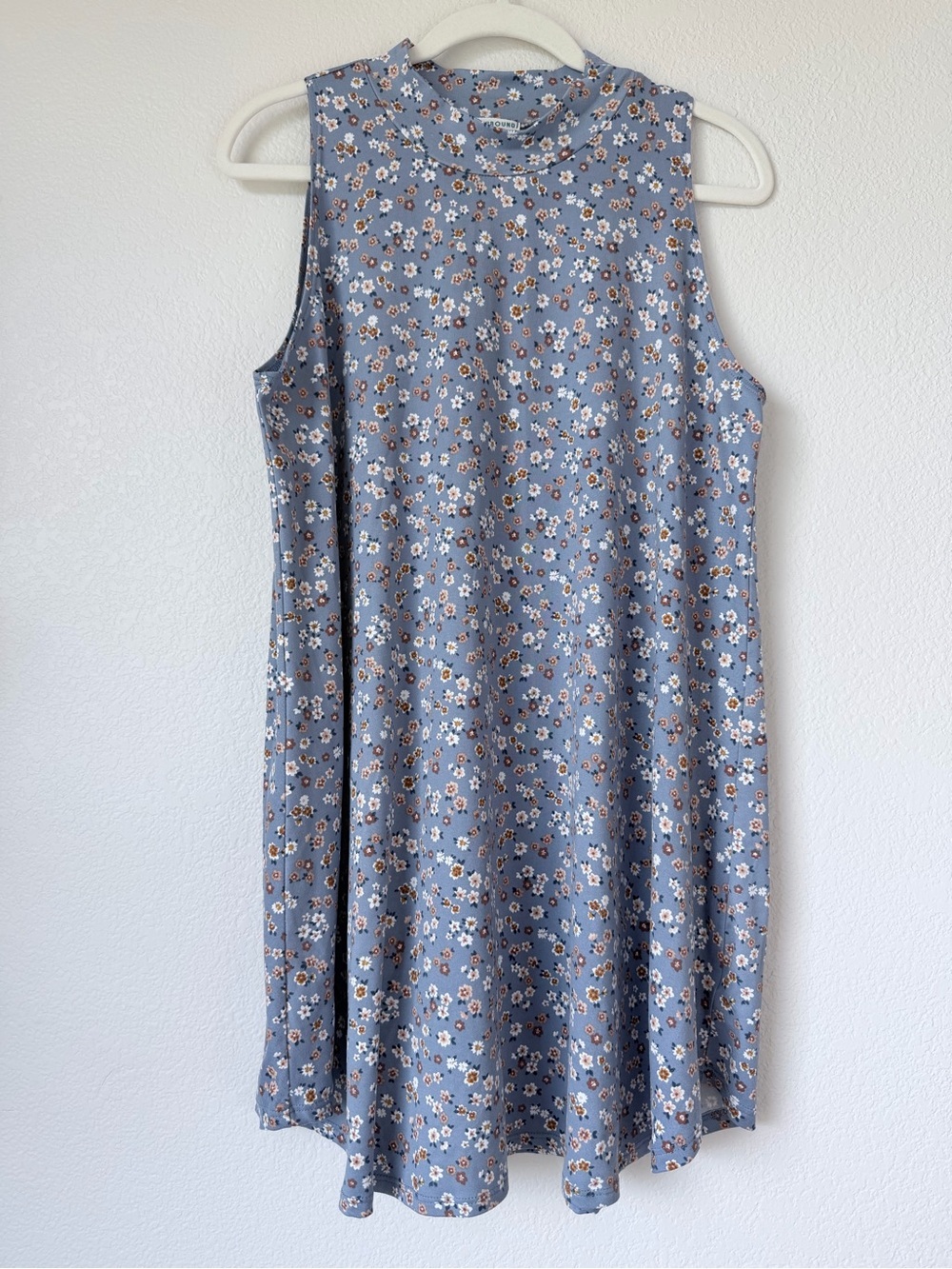 Earthbound Dusty Blue Floral Swing Dress Sleeveless Mock Neck Size L